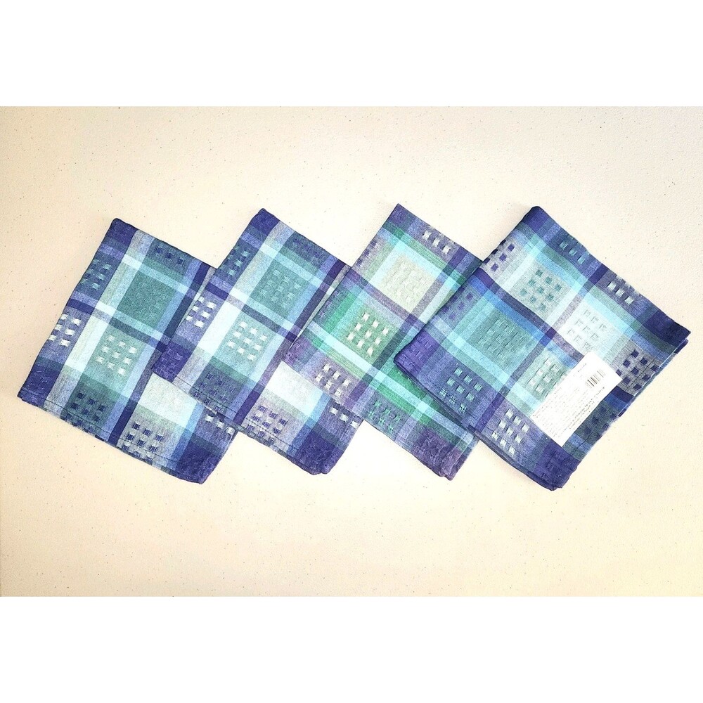 Cottage Coastal VTG NWOT PFALTZHRAFF Set Of 4 Napkins Blue Green Geo Plaid #03